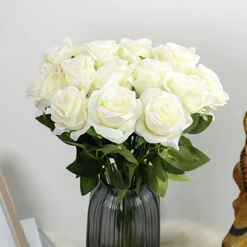 12 Ks Skutočný Dotyk Hodvábne Ruže, Kvety DIY Umelé Kvety Falošné Ruže pre Svadobné Party Domáce Dekorácie