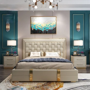 Postmoderných svetlo luxusná posteľ taliansku koženú sedaciu umenie posteľ luxusná vila béžová vysoké operadlo 2-2.2 m master posteľ