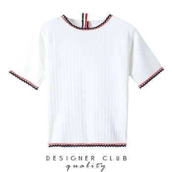 tb-krátke rukávy t-shirt dámske ľadové hodváb pletený sveter tenký dizajn kontrast farieb vlnité krátke voľné top