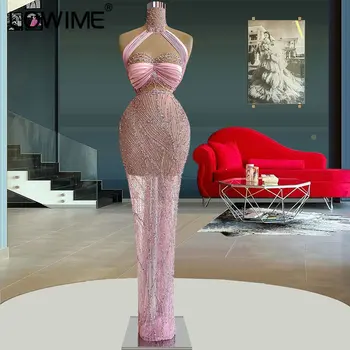 Pink Elegantné dámske Šaty pre Strany 2022 Lesk Vysoká Krku Morská víla Večerné Šaty Sexy Ilúzie Perly Dlho Prom Gala Plášte