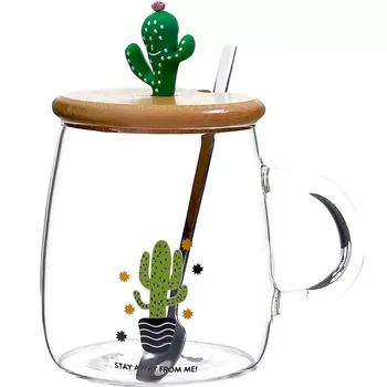 Roztomilý Kaktus Čaj Hrnček s Dreveným Vekom a Lyžice Borosilikátového Skla Káva Hrnček 450ml Jasné Pitnej Pohár Ovocnej Šťavy Kávu, Čaj