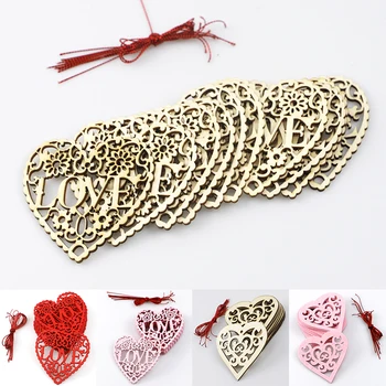 10Pcs Dreva Plátky Srdce Duté Láska Disky Prírodných Remesiel Drevené DIY Valentines Day Ornament Svadobné Dodávky Dekorácie