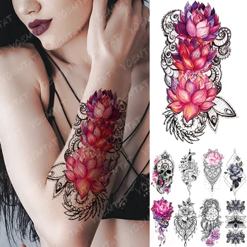 Nepremokavé Dočasné Tetovanie Nálepky Ružová Lotus Ruže, Kvety, Čipky Flash Tetovanie Had, Drak Body Art Rameno Falošné Tetovanie Ženy Muži
