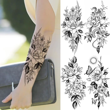 3D Realistické Pivónia Kvet Dočasné Tetovanie Pre Ženy, Dospelých Rose Motýľ Had Falošné Tetovanie Vodotesné Telo Umenia Maľby Tatoos