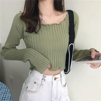 Kórejský Módne Dlhý Rukáv Ženy Ostrihané Sexy Pletený Sveter Oblečenie Bežné Pulóver Tričko Japonský Dámske Krátke Šaty