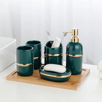Päť-kus kúpeľňa nastaviť, Kúpeľne, umývanie súprav Svetlo luxusné hrnček Zásobník Vykladané s zlatý Bambus zásobník Plastové vaničky