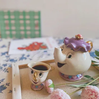 Kráska a Zviera keramické pozlátené kanvicu a teacup obývacej izbe, konferenčný stolík coffee pot raňajky pohár mlieka kreatívny darček
