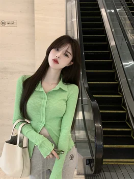 Kórejský temperament Pletený sveter žien slim single-breasted dlhým rukávom cardigan t-shirt